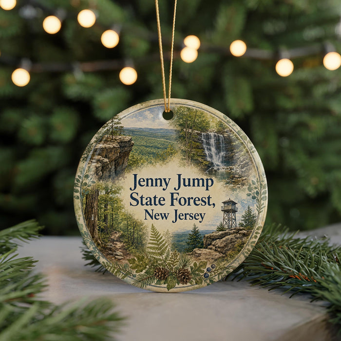 A round ornament with a scenic image of a forest and a waterfall, featuring the text "Jenny Jump State Forest, New Jersey".