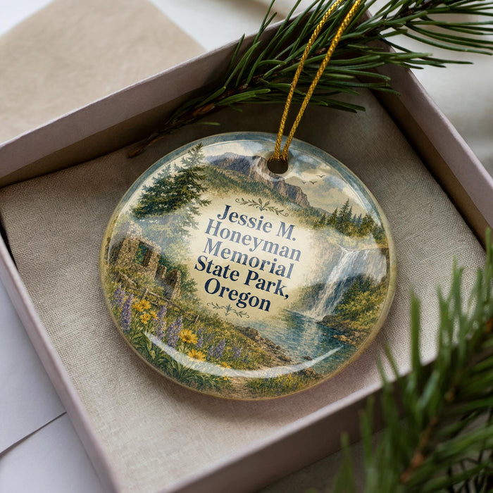 A decorative ornament in a box, featuring a scenic landscape with a waterfall and pine trees.