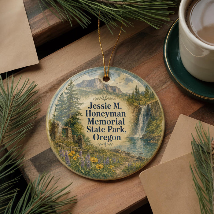 A round ornament with a scenic landscape featuring a waterfall, pine trees, and a meadow, hanging on a wooden surface.