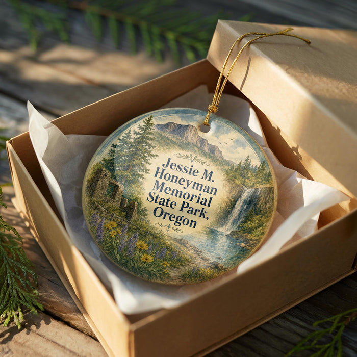 A decorative ornament in a wooden box, featuring a scenic landscape with a waterfall and mountains.