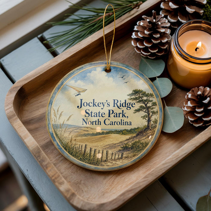 A wooden tray with a decorative ornament featuring a scenic landscape of Jockey's Ridge State Park, North Carolina, and pine cones.