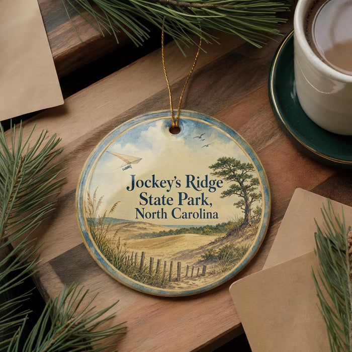 A round ornament with a scenic landscape of Jockey's Ridge State Park, North Carolina, featuring a bird flying over a field and a tree.