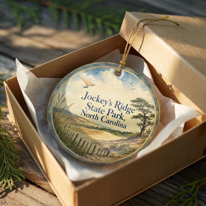 A round ornament in a box, featuring a scenic landscape with a beach, trees, and a bird in flight.