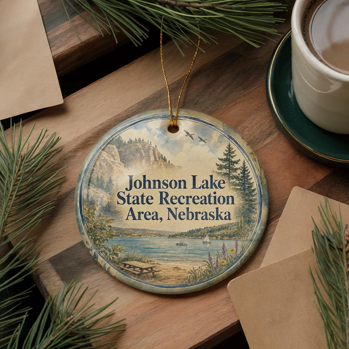 A round ornament with a scenic landscape of Johnson Lake, State Recreation Area, Nebraska, featuring a lake, mountains, pine trees, and a picnic table.