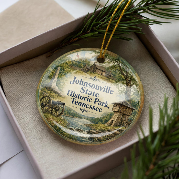 A decorative ornament with a scenic image of Johnsonville State Historic Park in Tennessee, featuring a cabin, a river, and pine trees.