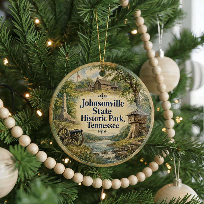A round ornament hanging on a Christmas tree, featuring a scenic image of Johnsonville State Historic Park in Tennessee.