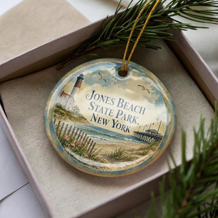 A decorative ornament in a box, featuring a lighthouse and beach scene with the text "Jones Beach State Park New York".