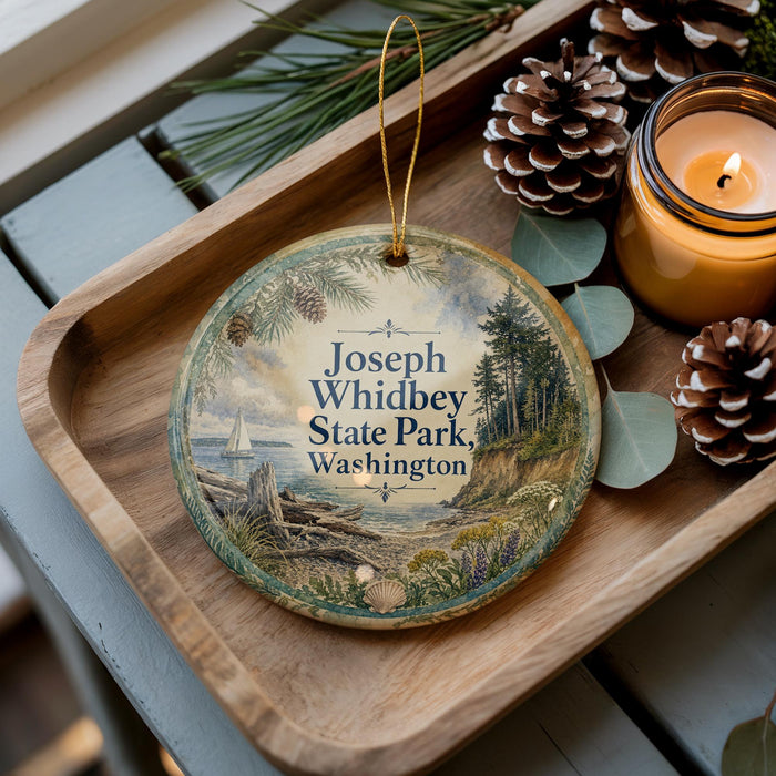 A wooden tray with a decorative ornament featuring a scenic landscape of Joseph Whidbey State Park, Washington, surrounded by pine cones and a lit candle.
