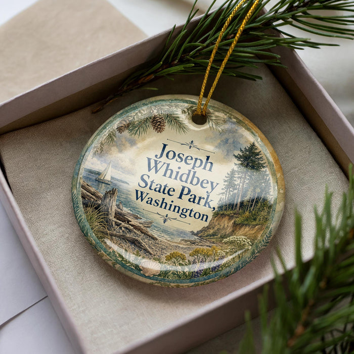 A decorative ornament with a scenic landscape of Joseph Whidbey State Park, Washington, featuring pine trees, a body of water, and a sailboat.