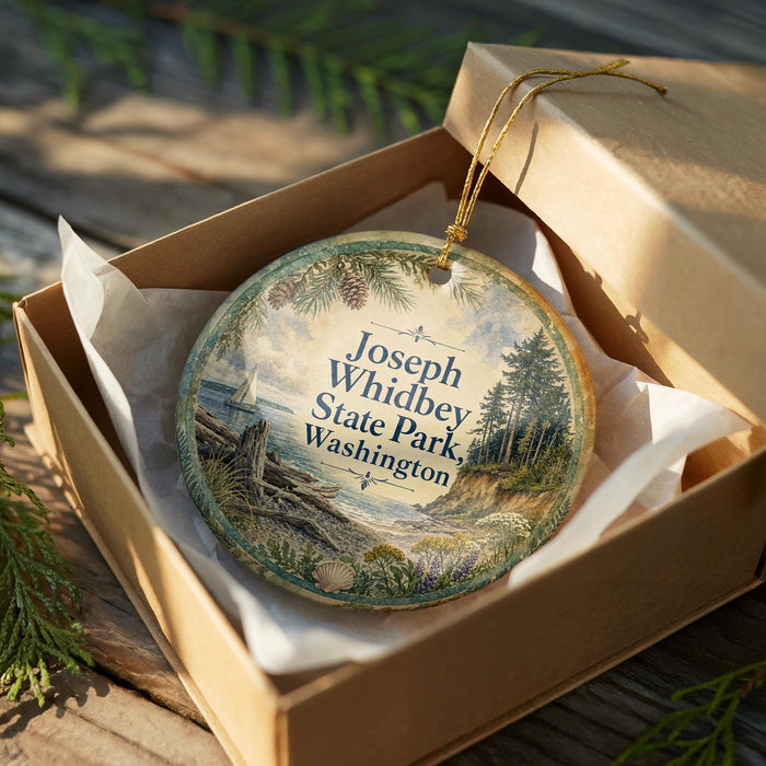 A round ornament in a wooden box, featuring a scenic landscape with pine trees and a body of water.