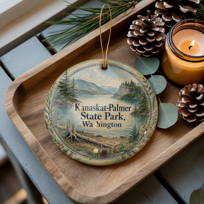 A decorative ornament with a scenic landscape of Kanaskat-Palmer State Park, Washington, featuring pine cones, a candle, and a wooden tray.