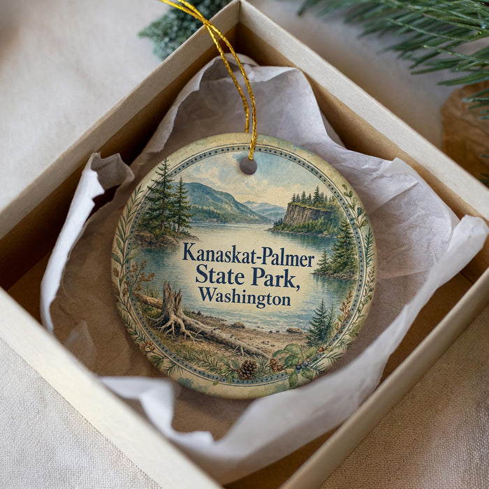 A decorative ornament in a box, featuring a scenic landscape with mountains, trees, and a lake.