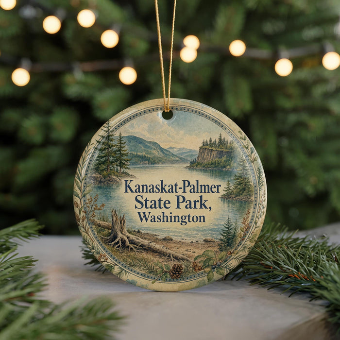A circular ornament with a scenic landscape of Kanaskat-Palmer State Park, Washington, featuring a lake, mountains, pine trees, and a pine tree trunk.