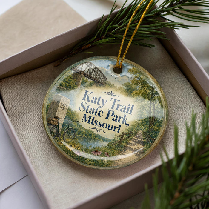 A decorative ornament in a box, featuring an illustration of a bicycle and a bridge, with the text "Katy Trail State Park, Missouri" prominently displayed.