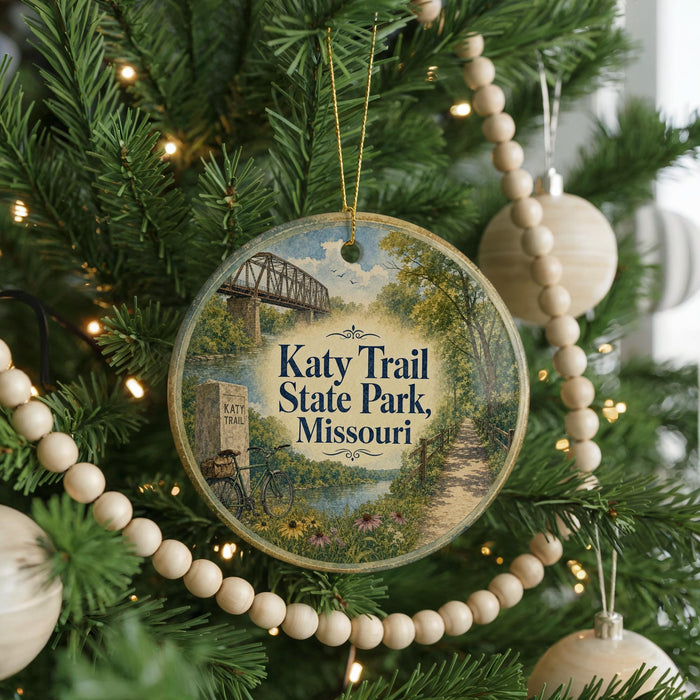 A round ornament hanging on a Christmas tree, featuring a scenic image of a trail and a bridge.