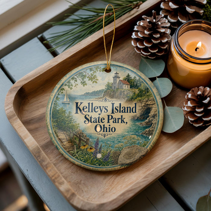 A decorative ornament featuring a lighthouse and a scenic landscape, placed on a wooden tray alongside pine cones and a lit candle.