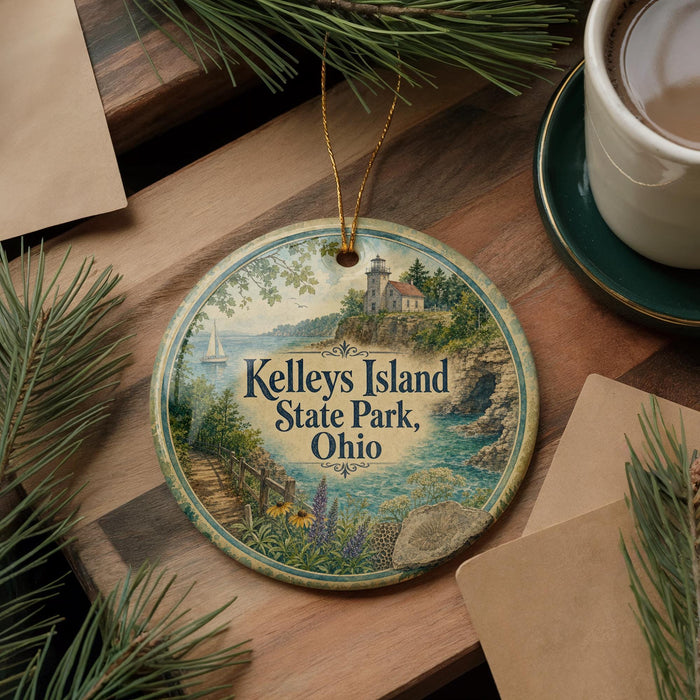 A decorative ornament featuring a lighthouse and a scenic landscape, with the text "Kelley's Island State Park, Ohio" prominently displayed.