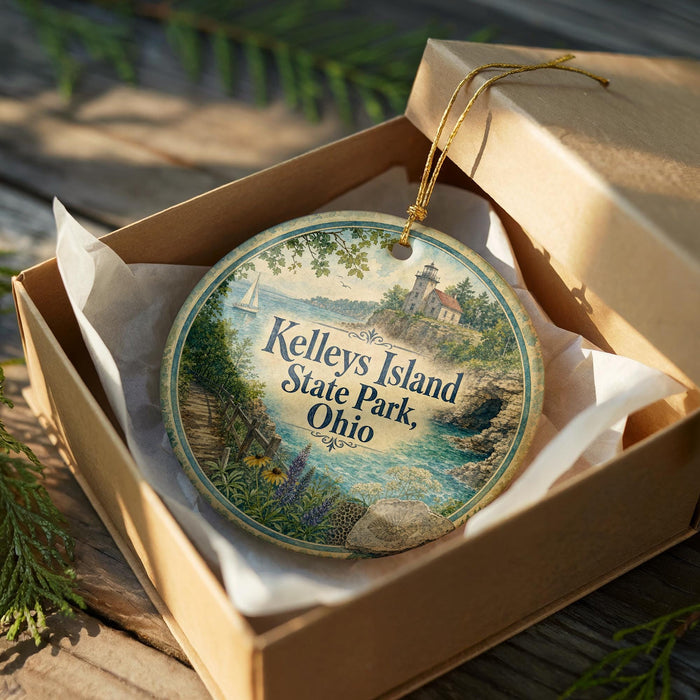 A decorative ornament in a box, featuring a scenic landscape with a lighthouse and a body of water.