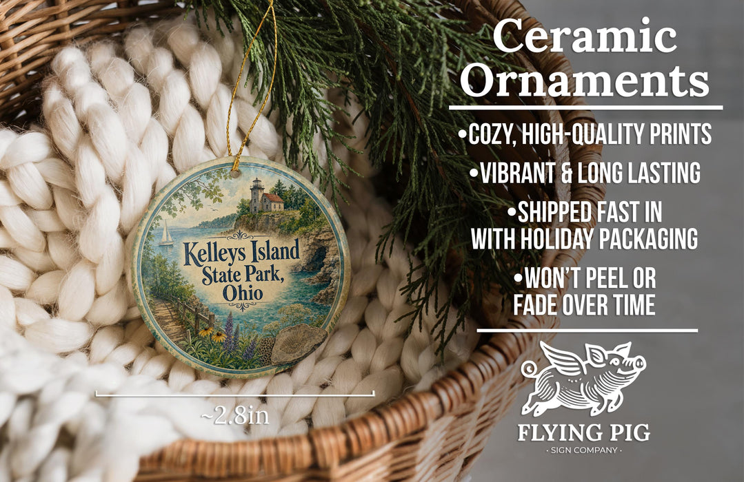 Ceramic ornaments, featuring a round ornament with a lighthouse and a scenic view of Kelley's Island State Park, Ohio. The ornament is hanging from a wicker basket, and there is a text overlay providing details about the ornament, including its features and benefits.