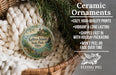 Ceramic ornaments, featuring a round ornament with a lighthouse and a scenic view of Kelley's Island State Park, Ohio. The ornament is hanging from a wicker basket, and there is a text overlay providing details about the ornament, including its features and benefits.