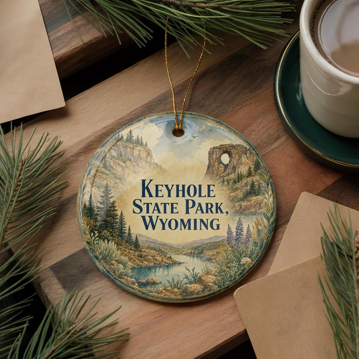 A decorative ornament with the text "Keyhole State Park, Wyoming" on it, surrounded by pine branches and a cup of coffee on a wooden surface.