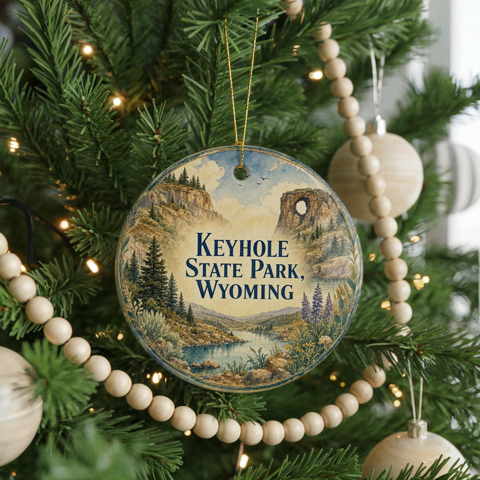 A round ornament on a Christmas tree, featuring a scenic landscape with mountains and a lake, with the text "Keyhole State Park, Wyoming" displayed prominently.