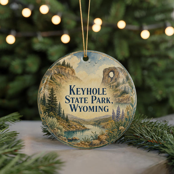 A decorative ornament featuring a scenic landscape with mountains, trees, and a river, with the text "Keyhole State Park, Wyoming" prominently displayed.