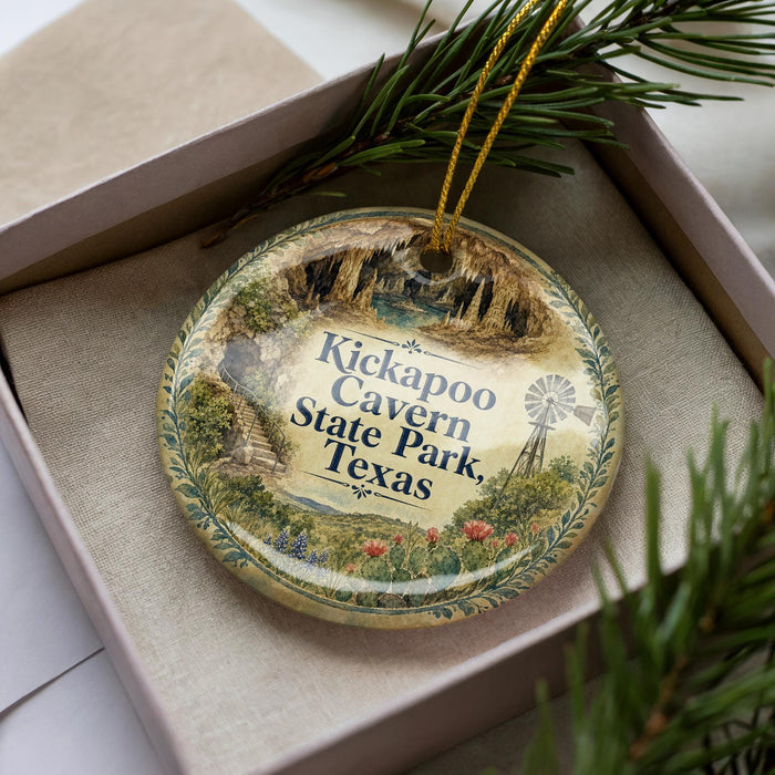 A decorative ornament with a scenic image of Kickapoo Canyon State Park, Texas, is displayed in a box with pine branches.