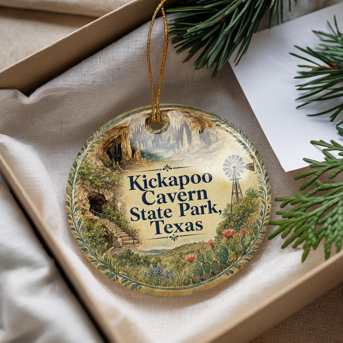 A round ornament with a scenic illustration of the Kickapoo Canyon in Texas, featuring a windmill and lush vegetation.