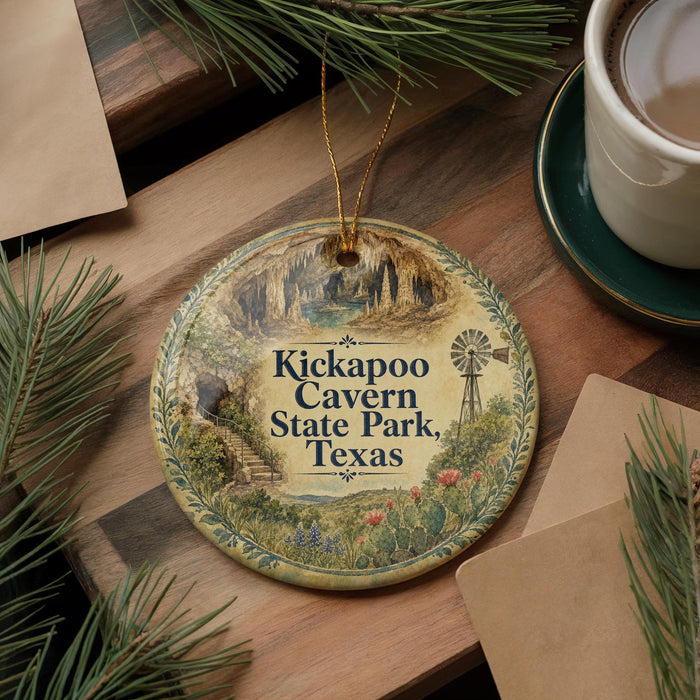 A circular ornament with the text "Kickapoo Cave State Park, Texas" is displayed on a wooden surface, surrounded by pine branches and a cup of coffee.
