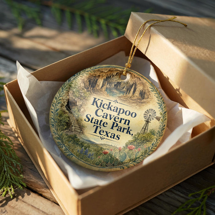 A decorative ornament in a wooden box, featuring a scenic image of the Kickapoo Canyon State Park, Texas.