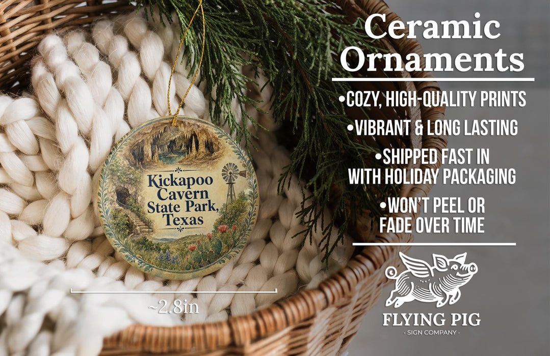 Ceramic ornaments, including a ceramic ornament with a scenic design, are displayed in a woven basket.