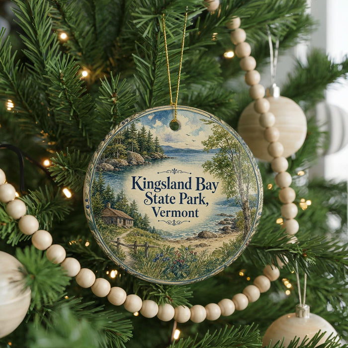 A round ornament hanging on a Christmas tree, featuring a scenic landscape with a house and trees.