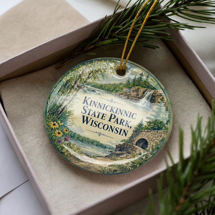 A decorative ornament with a scenic landscape of Kinnickinnic State Park, Wisconsin, featuring a waterfall and pine trees.