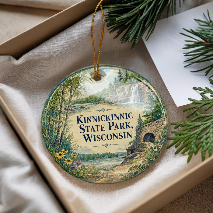 A decorative ornament with a scenic image of the Kinnickin State Park in Wisconsin, featuring a waterfall, pine trees, and a stone bridge.