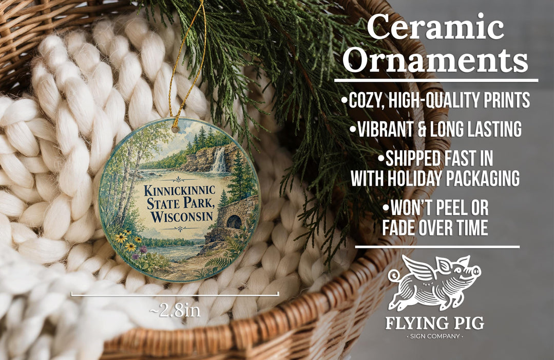 Ceramic ornaments, featuring a scenic image of the Kinickinnic State Park, Wisconsin, hanging from a wicker basket.