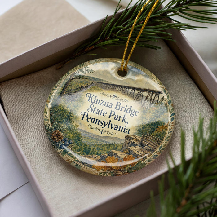 A decorative ornament in a box, featuring an illustration of the Kinzua Bridge in Pennsylvania.