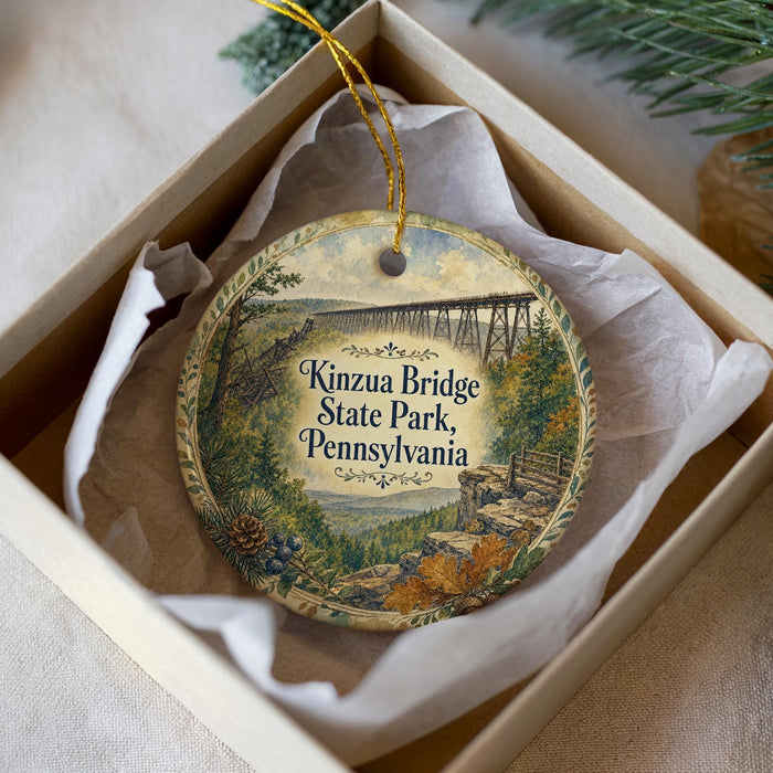 A decorative ornament in a white box, featuring an illustration of the Kinzua Bridge in Pennsylvania.
