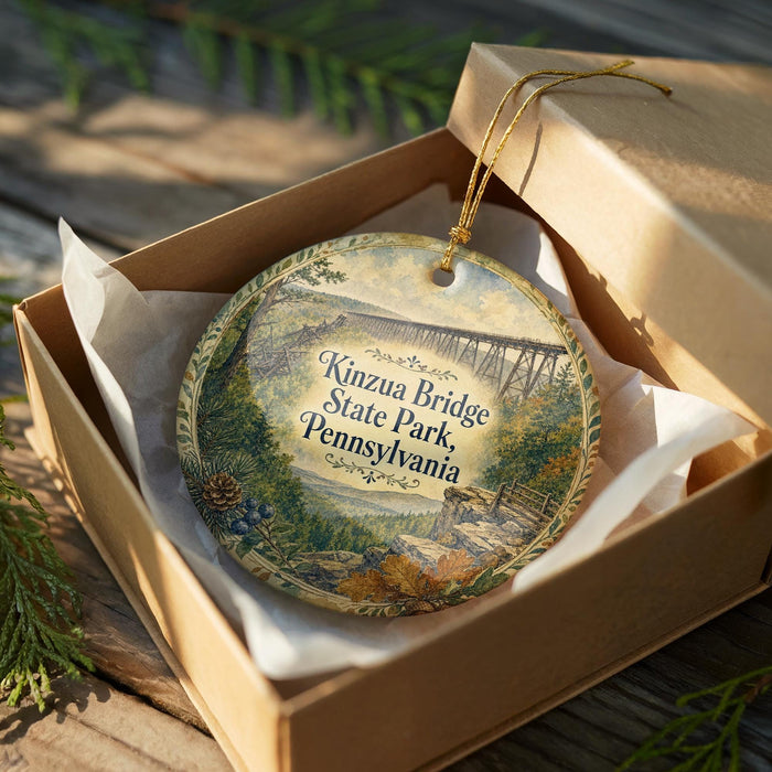 A decorative ornament in a box, featuring a scenic image of the Kinzua Bridge in Pennsylvania.
