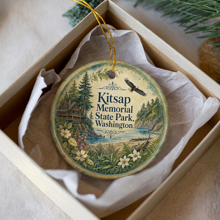 A decorative ornament in a white box, featuring a scenic landscape with a lake, trees, and a bird in flight.