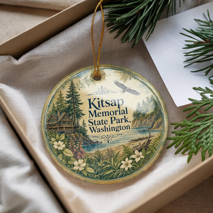 A decorative ornament with a scenic landscape, featuring a cabin, trees, and a lake, is displayed in a box with pine branches.