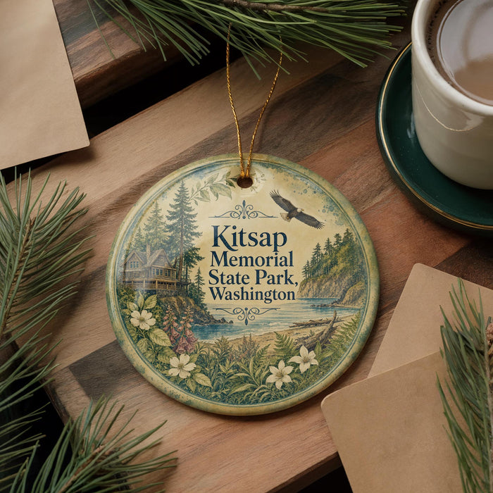 A decorative ornament with a scenic landscape of Kitsap Memorial State Park, Washington, featuring a cabin, pine trees, and a bird in flight.