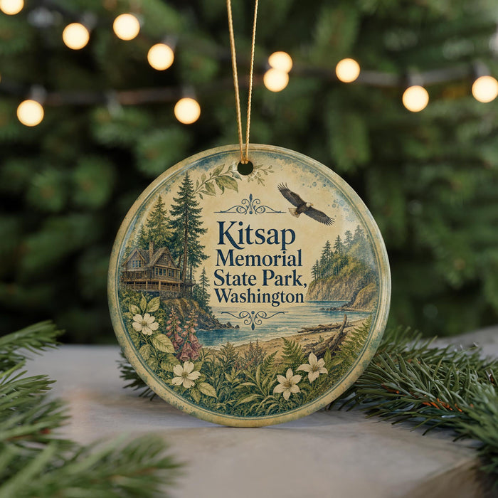 A round ornament with a scenic landscape featuring a cabin, trees, and a bird in flight, hanging from a string.