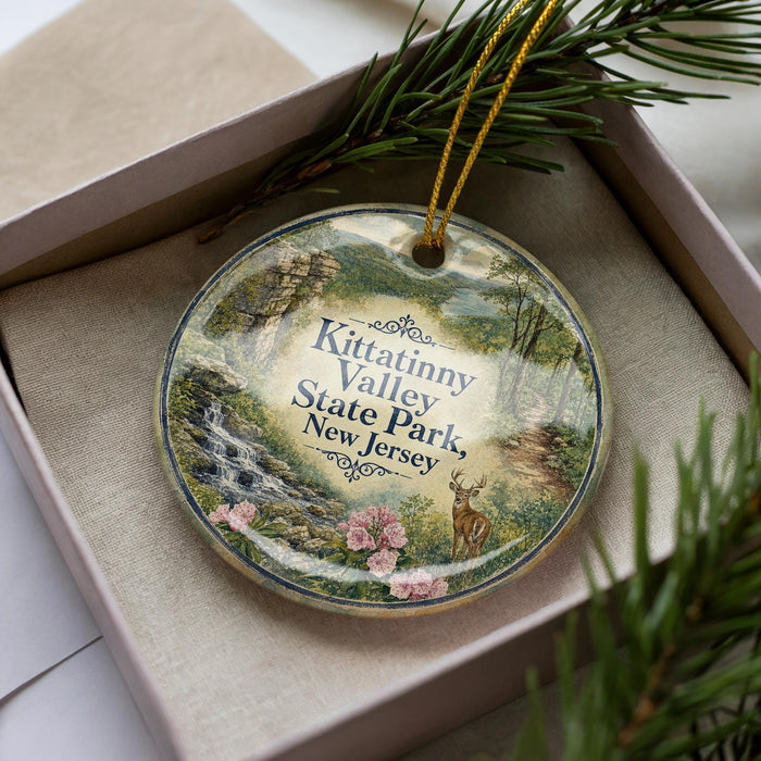 A decorative ornament with a scenic landscape of Kitterinny Valley State Park in New Jersey, featuring a deer and a waterfall.