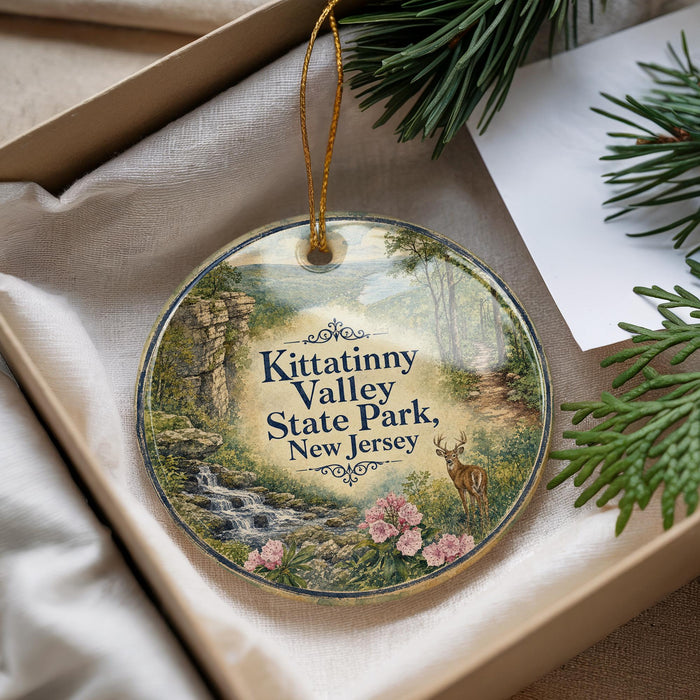 A decorative ornament with a scenic image of Kittatinny Valley State Park, New Jersey, featuring a deer and a waterfall.