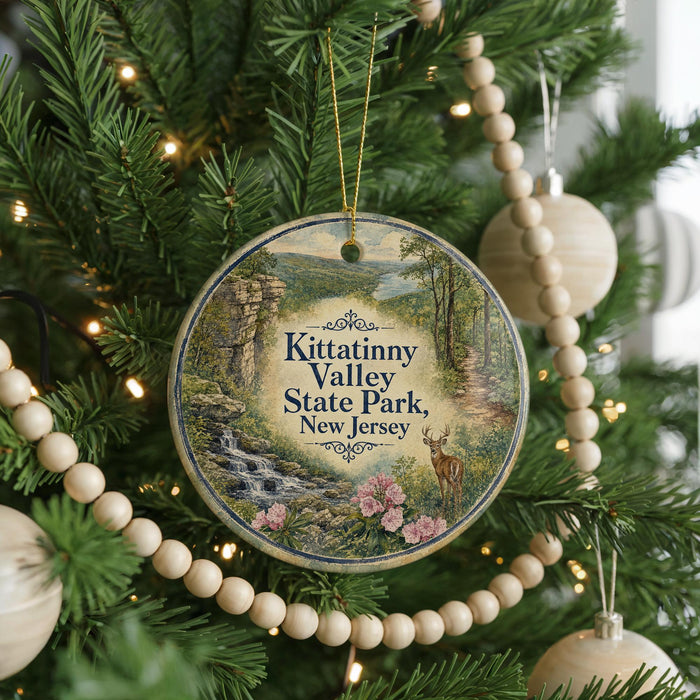 A round ornament hanging on a Christmas tree, featuring a scenic image of Kittatinny Valley State Park in New Jersey.