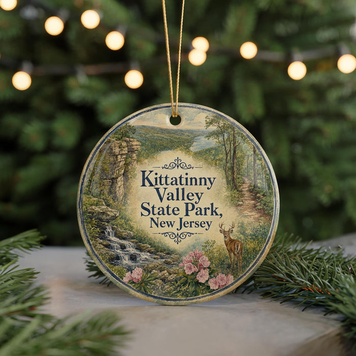 A round ornament with a scenic image of Kittatinny Valley State Park, New Jersey, featuring a deer and a waterfall.