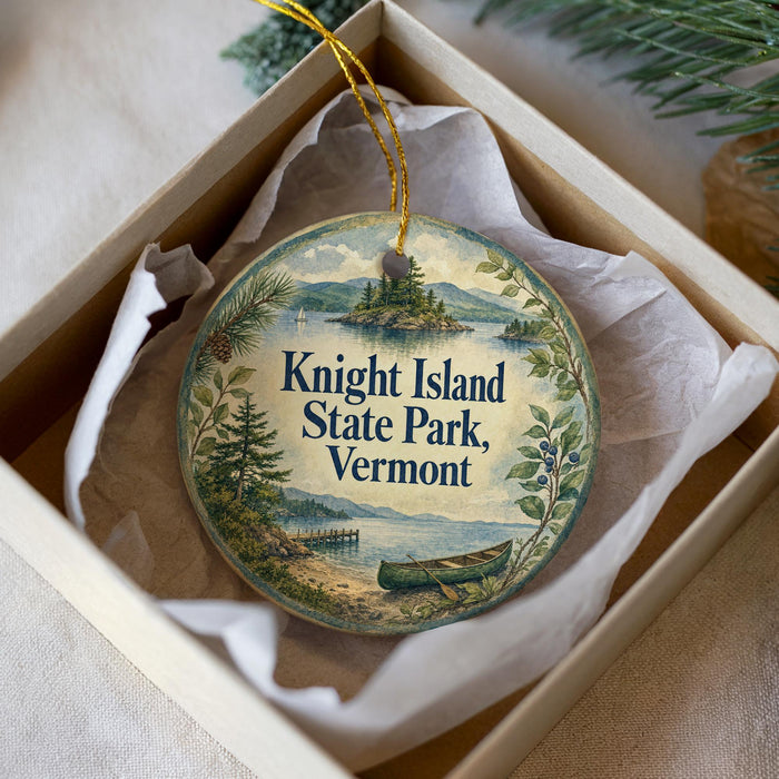 A decorative ornament in a box, featuring a scenic landscape with a lake, mountains, and pine trees.