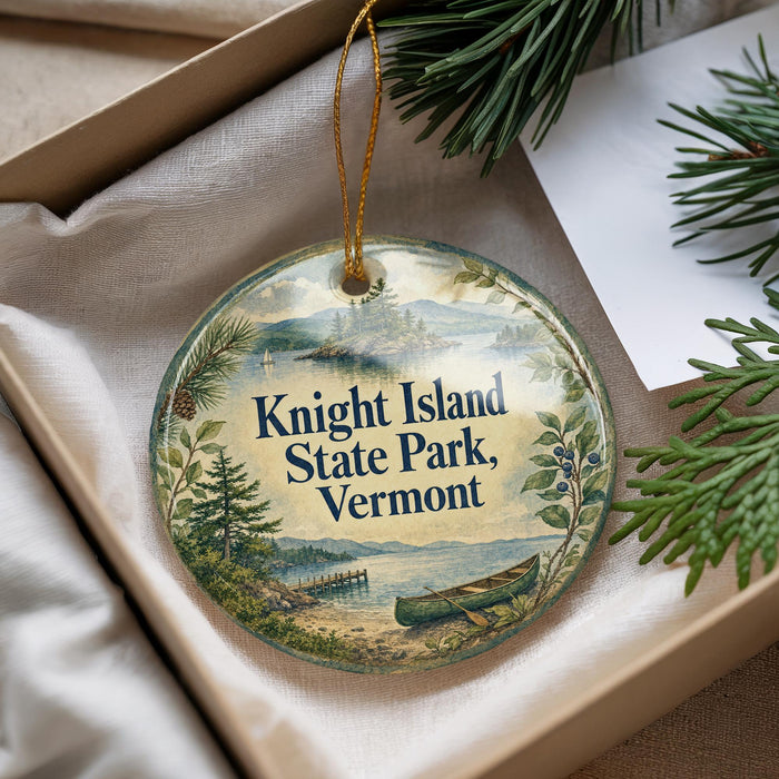 A decorative ornament with a scenic landscape of Knight Island, Vermont, featuring pine trees, a canoe, and mountains.