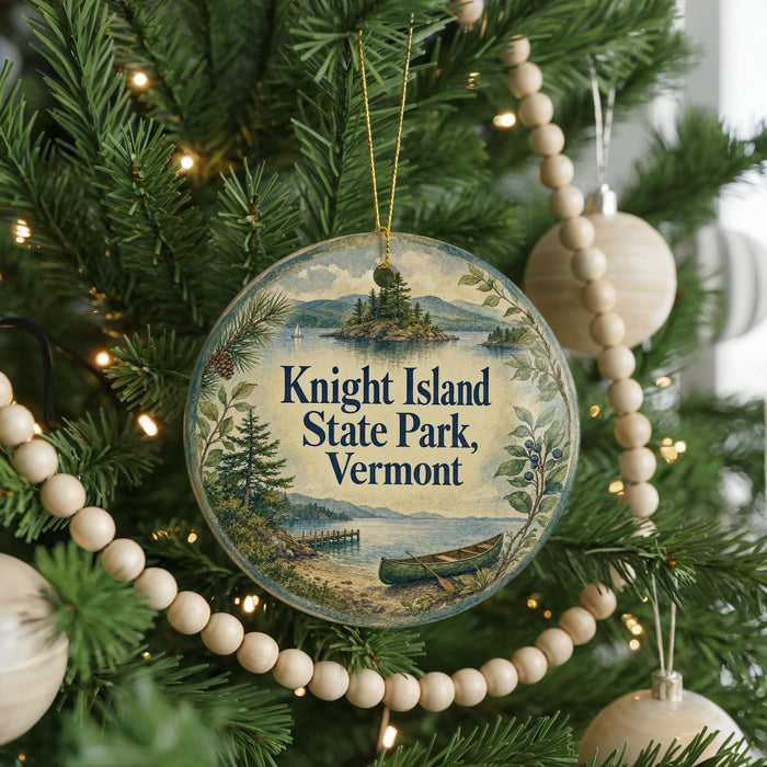 A round ornament hanging on a Christmas tree, featuring a scenic image of a lake and mountains with a boat in the foreground.